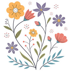 Colorful hand-drawn spring flowers and foliage on a white background . Set floral of wildflower, leaf branch, foliage on white background. Hand drawn blossom illustration.