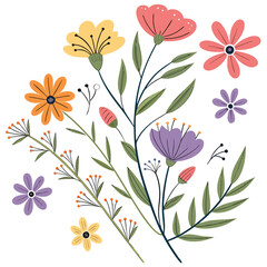 Colorful hand-drawn spring flowers and foliage on a white background . Set floral of wildflower, leaf branch, foliage on white background. Hand drawn blossom illustration.