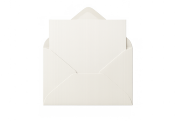 Open white envelope presenting a blank letter or invitation, ready for custom text or message, transparent background