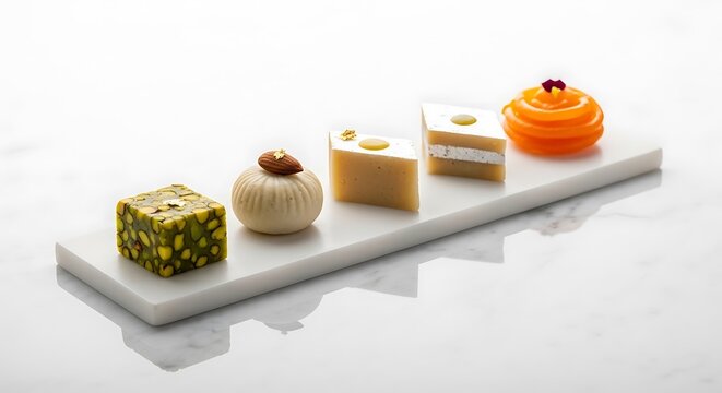 Artisan Delight: Five exquisitely crafted pastries rest upon a clean, contemporary serving board, each a testament to culinary skill and artistic flair. The pastries.