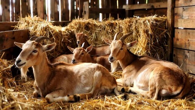 Domestic brown goats resting comfortably on hay inside a rustic wooden barn.