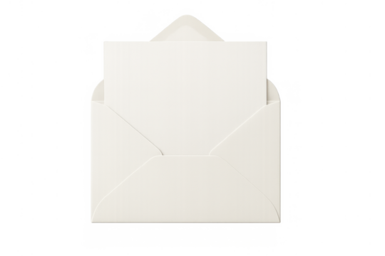 Open white envelope presenting a blank letter or invitation, ready for custom text or message, transparent background - Powered by Adobe