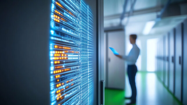 A professional examining data in a modern server room, showcasing advanced technology and digital infrastructure.