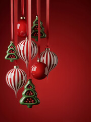 Christmas holiday concept. Red and white striped baubles, solid red baubles, and green Christmas tree-shaped ornaments hanging on deep red background. Space for text. 