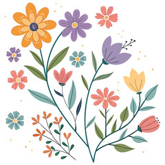 Colorful hand-drawn spring flowers and foliage on a white background . Set floral of wildflower, leaf branch, foliage on white background. Hand drawn blossom illustration.