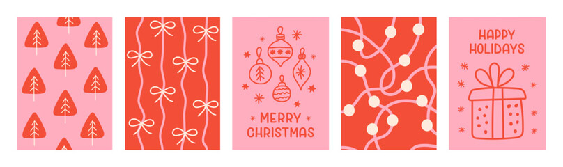 Christmas set of colorful festive backgrounds. Season  collection simple vertical cards, banners, prints or posters. Beige, red, pink colors. Vector illustration