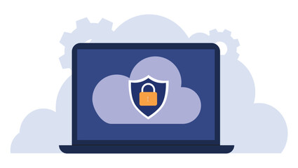 Data security center. Shield on vomputer laptop protect sensitive data. Internet security