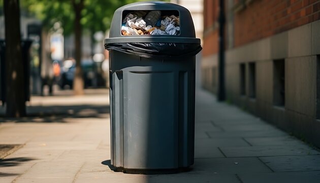 Trash Can Overflowing on a Sidewalk: A large, grey trash can, brimful with waste, stands on a city sidewalk, the urban landscape of the environment.