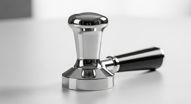 Professional chrome espresso tamper with sleek black handle rests on clean surface, ready for perfect coffee extraction