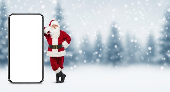 Santa Claus leaning on a smartphone mockup against a snowy winter forest background