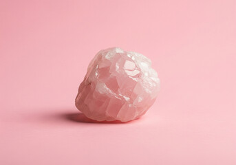 A Raw Chunk of Rose Quartz Crystal on a Soft Pink Background