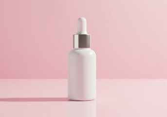 A White Dropper Bottle Dispensing Skincare Serum on a Pink Background Surface