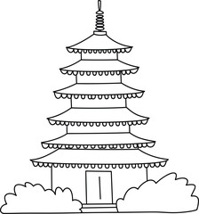Japanese pagoda with bushes line art cartoon illustration Keywords: pagoda, temple, building
