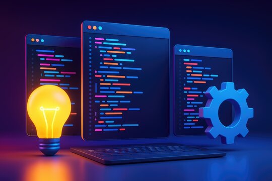 Glowing light bulb and code windows on laptop with gear icon coding programming