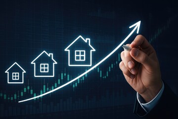 Hand drawing upward trend graph with house icons and stock market data background real estate housing market