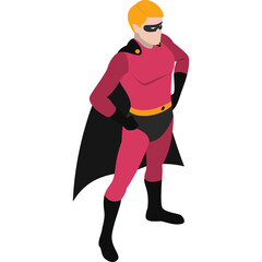 Isometric Superhero in Pink and Black Costume Standing Confidently with Hands on Hips Against a White Background