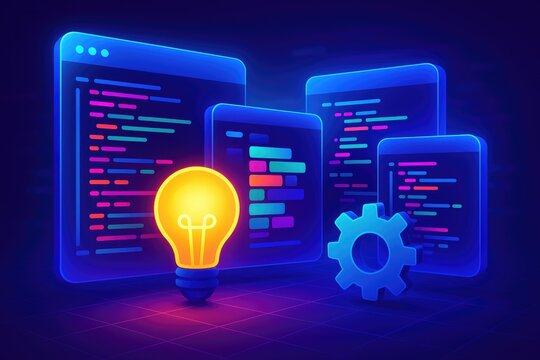 Glowing light bulb and gear in front of programming code windows idea innovation