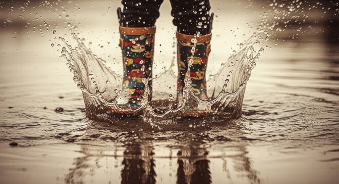 A child in colorful rain boots splashing in a muddy puddle outdoors