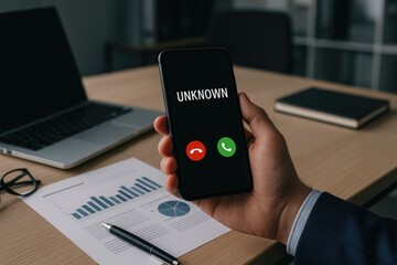 Hand holding smartphone showing incoming unknown call with office desk background incoming call phone call