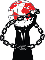 Powerful fist breaking chains around the world, symbolizing freedom and global justice, a beacon of hope for social change and international cooperation