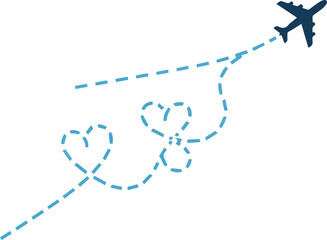 Create Airplane route with dotted flight path. Flying plane symbol with twisted, curved, straight and heart shape dashed trace path. vector illustration on white background.