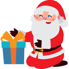Jolly Santa Claus Kneeling with a Blue Gift Box Tied with an Orange Ribbon and Bow Festive Christmas Holiday Character Illustration
