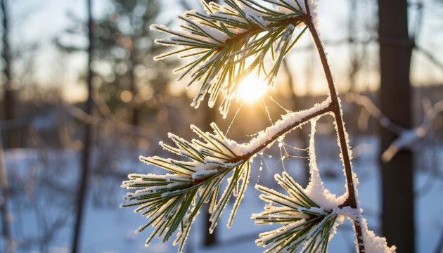 Pine tree branch with frost and sunlight in winter forest  