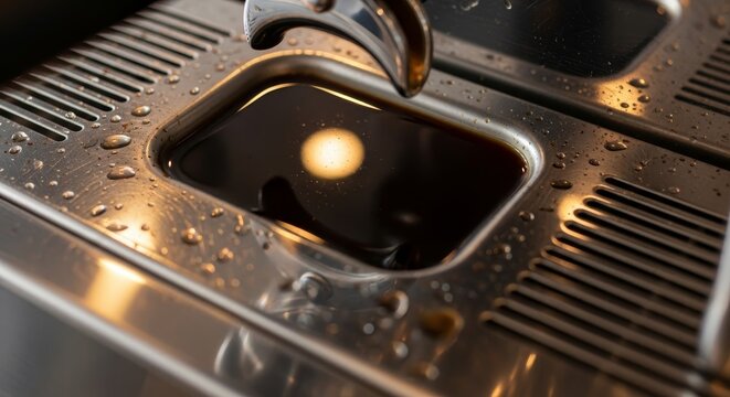 Rich dark coffee pools in a chrome espresso machine drip tray, reflecting warm light, perfect for cafe or home brewing ambiance. - Powered by Adobe
