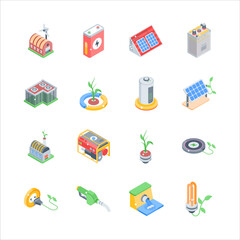 A set of vibrant isometric icons depicts various sustainable energy sources and technologies.
