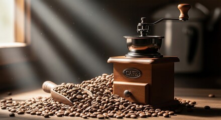 Vintage manual coffee grinder with roasted beans on a wooden table in morning light.