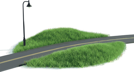 Create Create Set of original grass patch scene with road and Lamp post isolated on white background