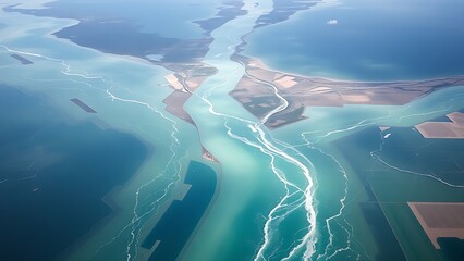 confluence. Aerial view of a river delta with multiple streams flowing into a vast ocean. travel magazines, destination branding, designed for travel destination branding.