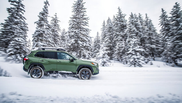 Green SUV driving through a snowy forest on a winter day