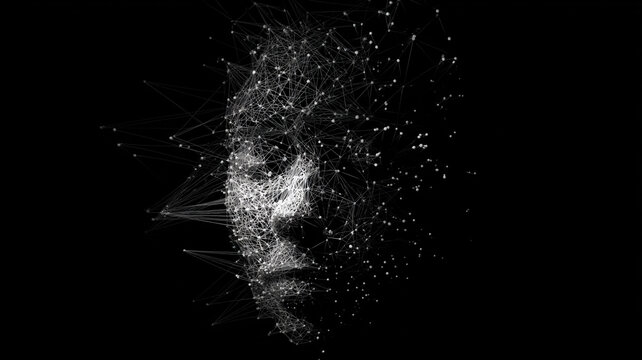 Abstract digital sci-fi concept of a neural network forming a face from luminous energy nodes, representing artificial intelligence, data systems, and machine learning.