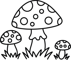 Three spotted mushrooms in grass line art cartoon illustration Keywords: mushroom, fungi, nature