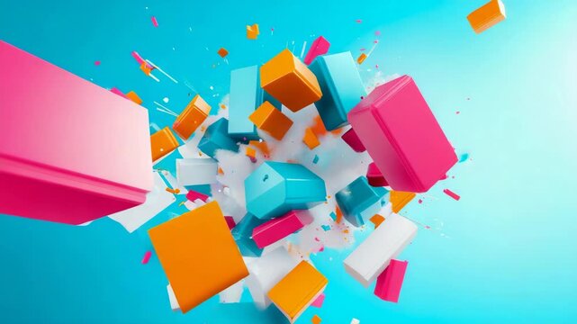 Vibrant assemblage of glossy pink, orange, and teal geometric solids suspended in air