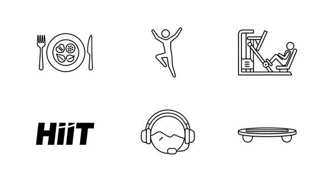 Collection of fitness and healthy diet icons featuring salad, jumping, training machine, hiit logo, support service and balance board