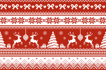 Classic Christmas Nordic textile pattern design concept, red and white knitted motif with reindeer and snowflakes, design for winter fabric. Vector illustration knitting style. © BN STOCK