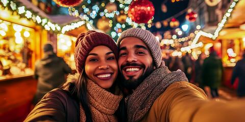 Fototapeta premium happy smiling couple taking selfie at a Christmas market at night with Christmas decorations in the background