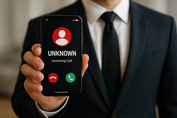 Man in Suit Holding Smartphone Displaying Incoming Unknown Call Screen with Red Decline and Green Accept Buttons
