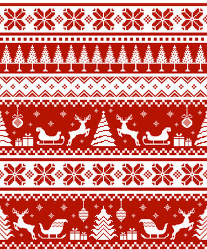 Nordic Christmas pixel knit pattern with reindeer, sleigh, gifts and Christmas tree In red and white tones. Design for holiday fabric, wrapping, and winter branding. Vector illustration knitted style.