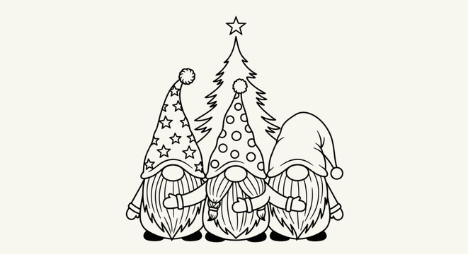 Three gnomes standing in front of a Christmas tree, black and white line art.