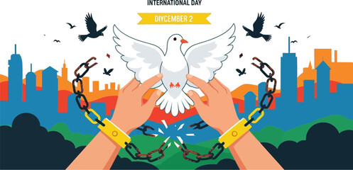 Celebrate International Day for the Abolition of Slavery with hope and freedom, featuring a dove and broken chains against a cityscape background