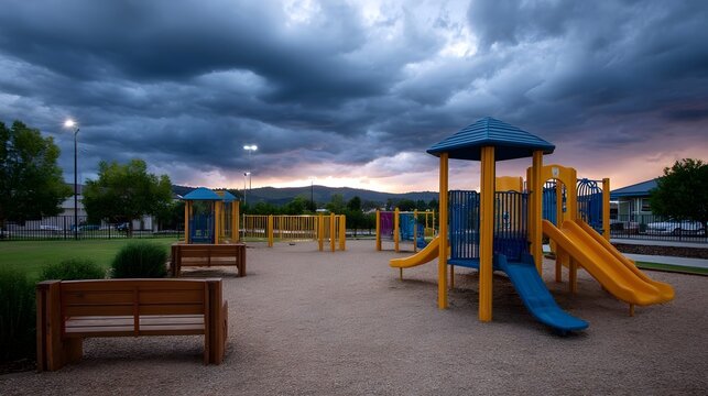 A colorful playground with slides and climbing structures at twilight under a dramatic stormy sky