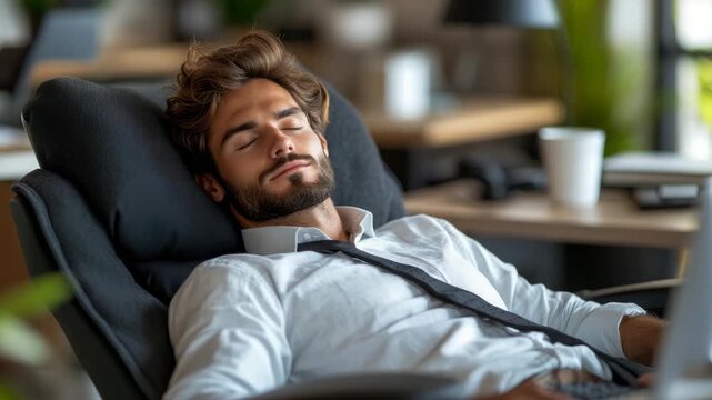 Serene moment of professional man peacefully resting in his comfortable office chair, finding brief respite from work demands