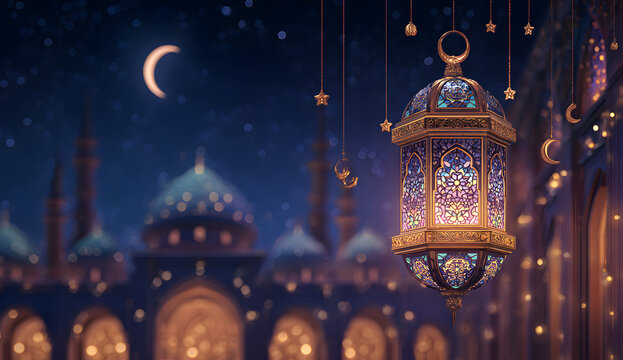 Ramadan Kareem greeting. Islamic lantern near mosque with night sky with crescent moon and stars. End of fasting. Hari Raya card. Eid al-Fitr decoration. Breaking of holy fast day. Muslim holiday. - Powered by Adobe