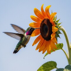 Fototapeta premium A Ruby-throated Hummingbird sips nectar from a Mexican Sunflower on a vibrant summer day