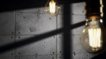 Two Edison bulbs hang against a textured gray wall casting stark shadows from window light - Powered by Adobe