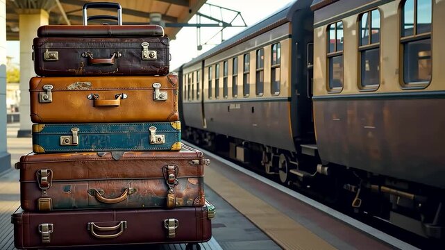 Vintage Leather Suitcases Stacked on Railway Platform Next to Classic Passenger Train Carriage