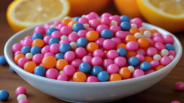 Colorful Candy Spheres in a Bowl with Citrus Fruits in the Background.
